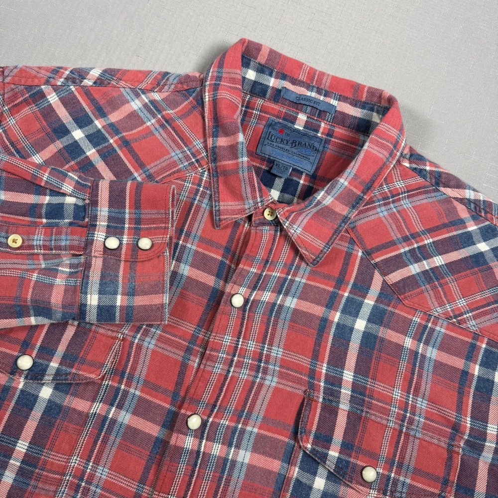 Lucky Brand Mens XL Red Blue Plaid Western Pearl Snap Button Down Shirt Classic